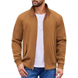 Men's Stylish Brown Fabric Golf Lightweight Jacket Casual Zip Up Coat Collar